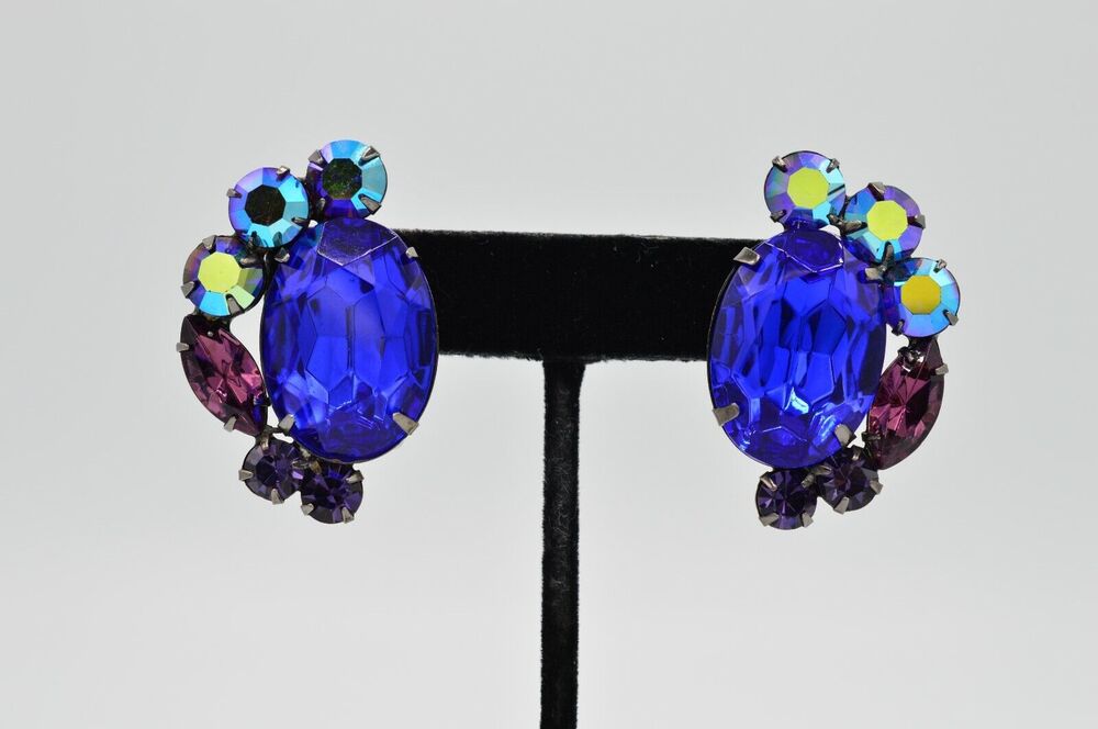 Thelma Deutsch Clip Earrings Blue AB Purple Crystal Shiny Vintage Signed Bin8